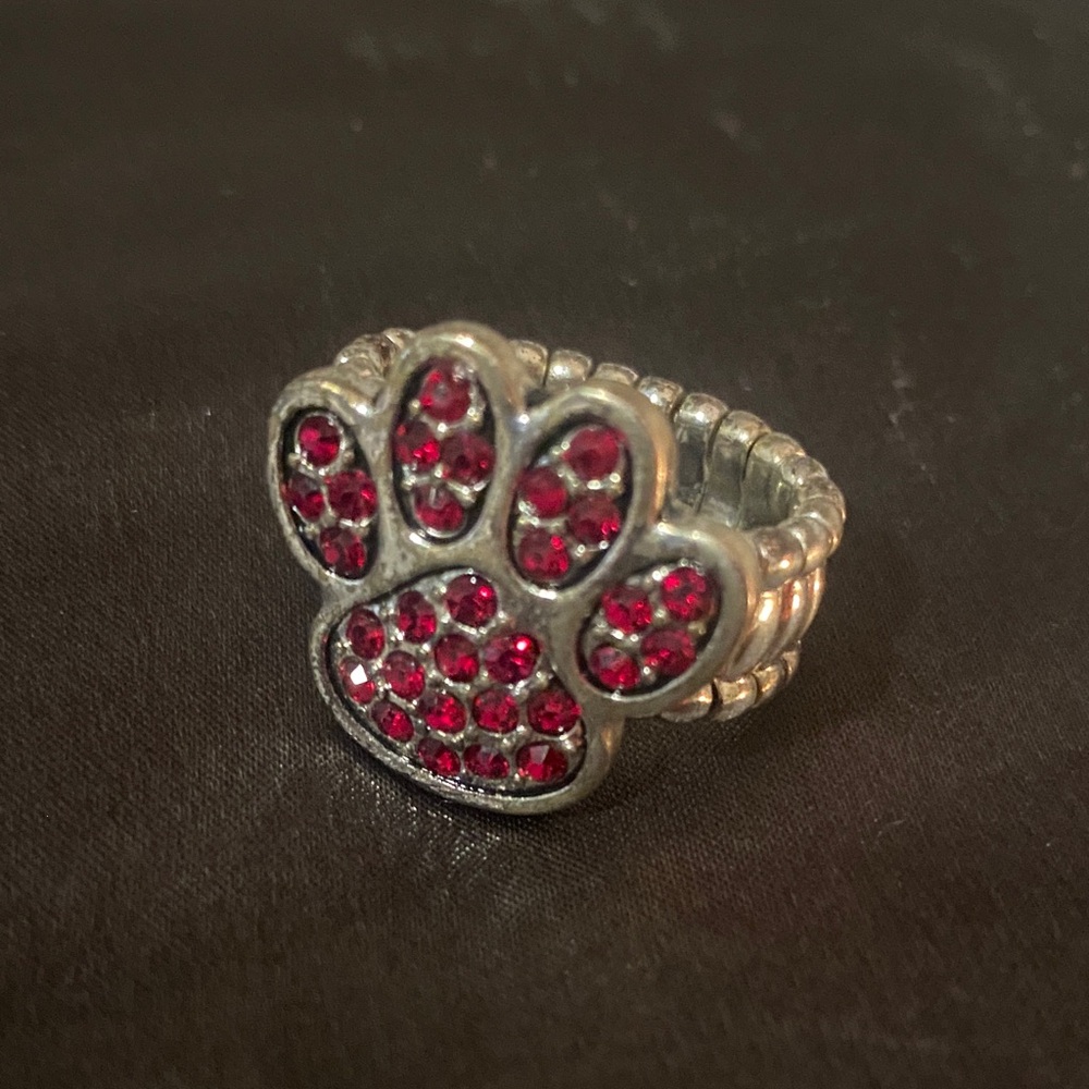 Silver Paw Ring with Red Gemstones